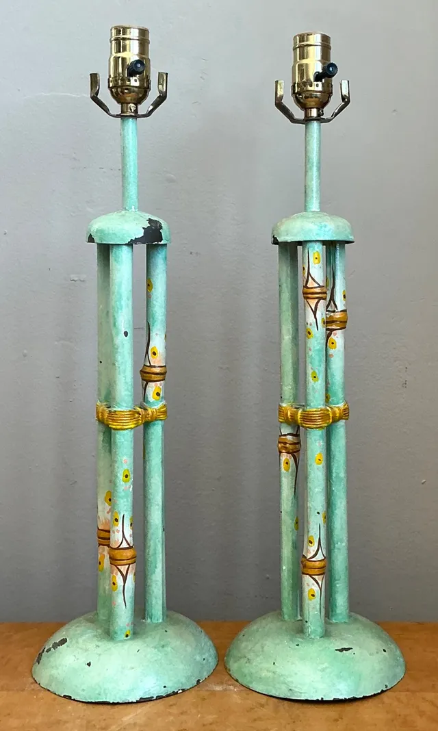 Vintage Distressed Hand-Painted Metal Lamps - Pair — additional photo 8