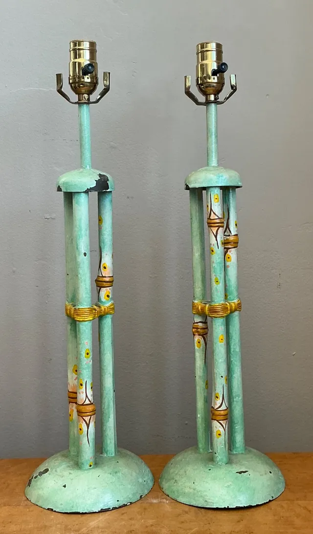 Vintage Distressed Hand-Painted Metal Lamps - Pair — additional photo 3