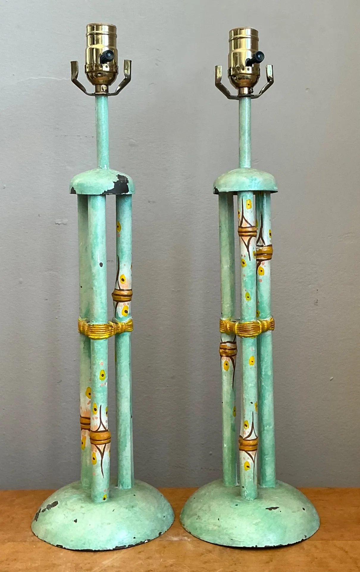 Vintage Distressed Hand-Painted Metal Lamps - Pair — additional photo 4