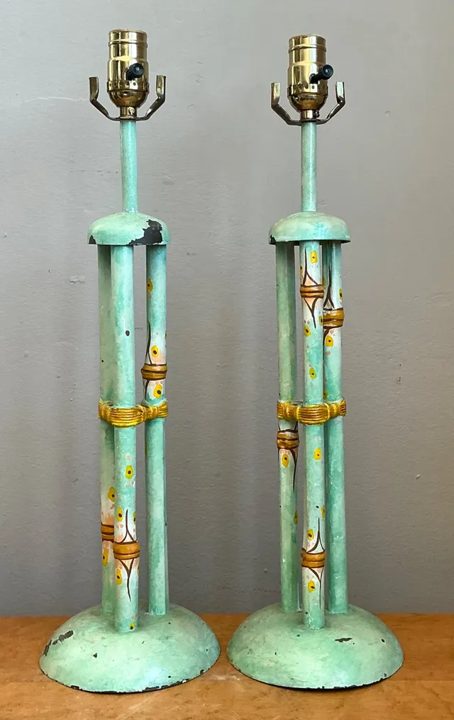 Vintage Distressed Hand-Painted Metal Lamps - Pair — additional photo 4