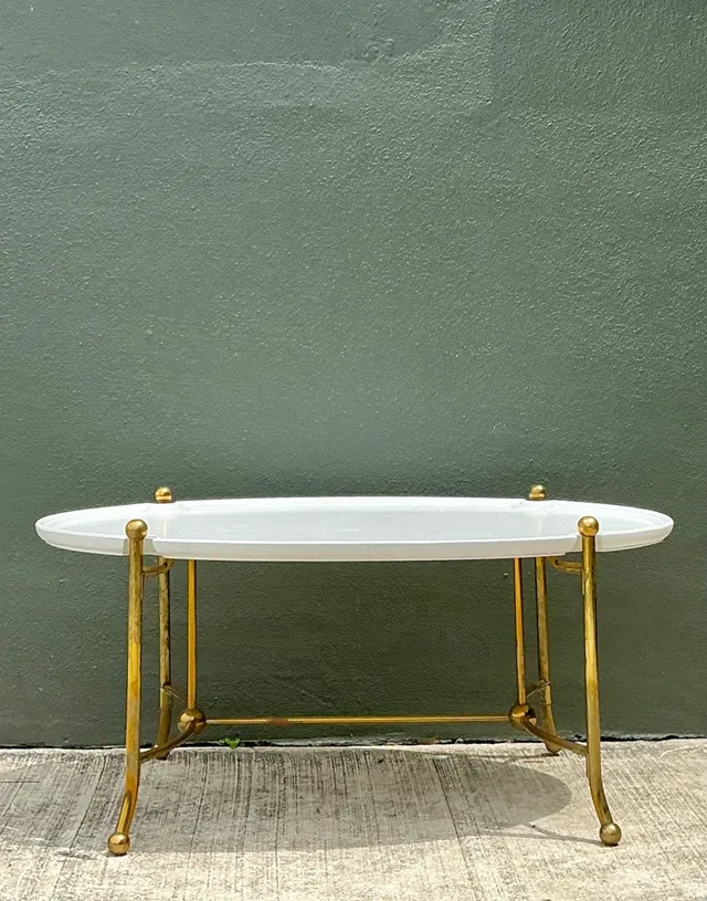 Vintage Brass and Wood Oval Coffee Table — additional photo 7