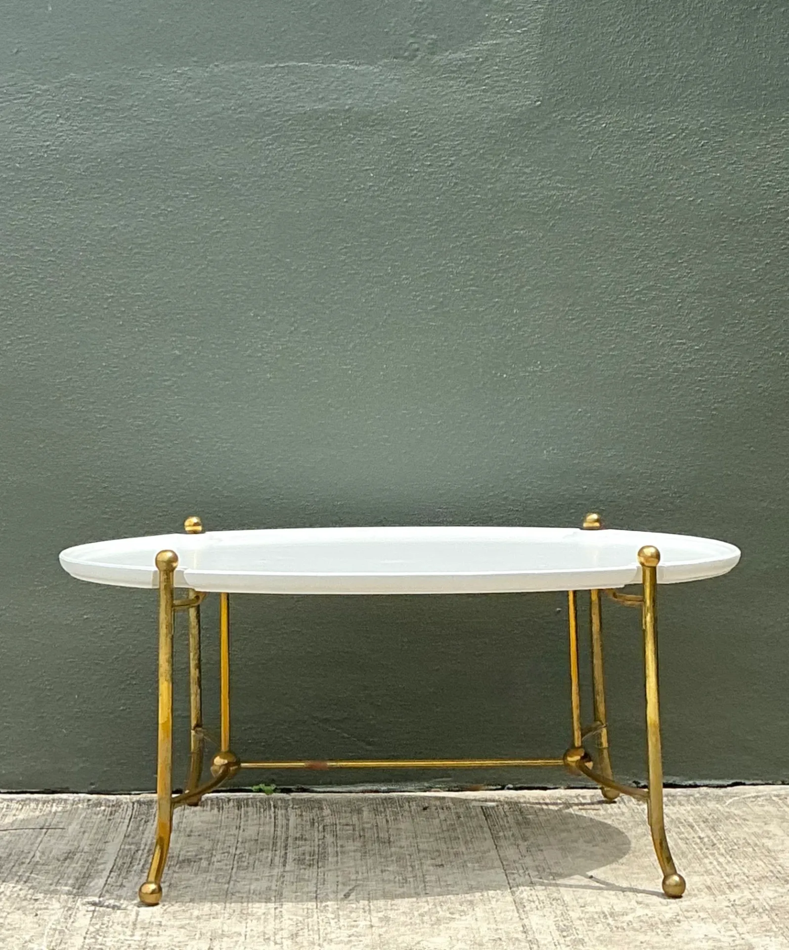 Vintage Brass and Wood Oval Coffee Table — additional photo 5