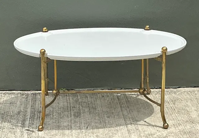 Vintage Brass and Wood Oval Coffee Table — additional photo 8