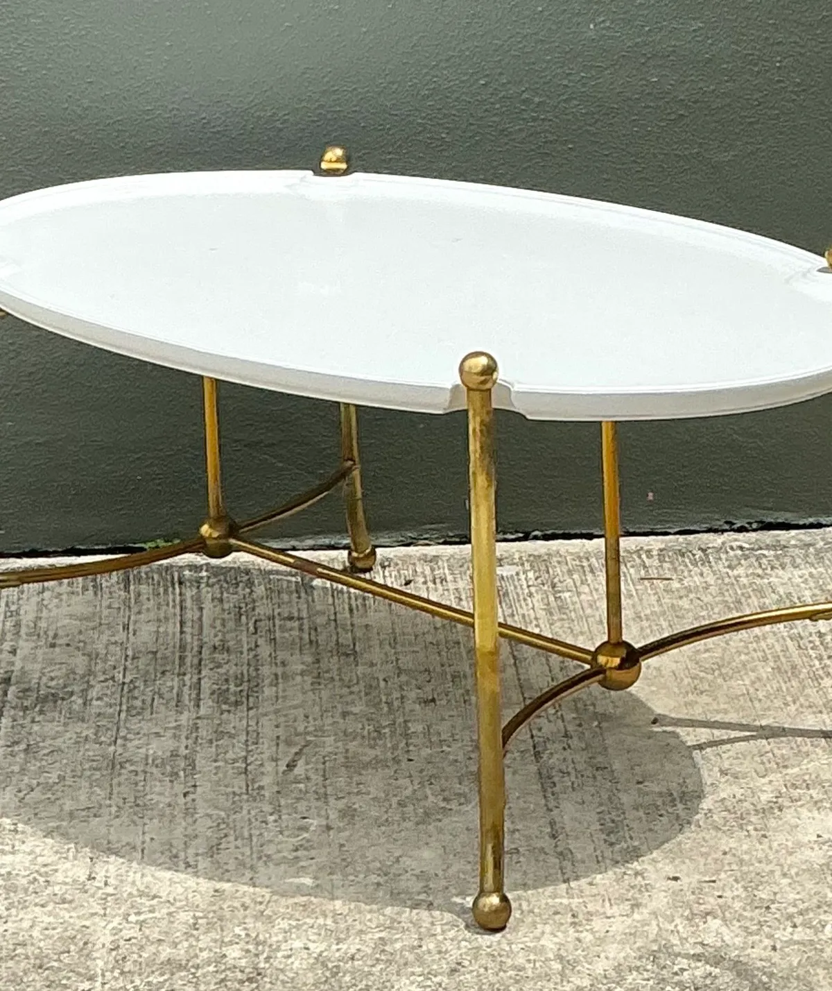 Vintage Brass and Wood Oval Coffee Table — additional photo 6