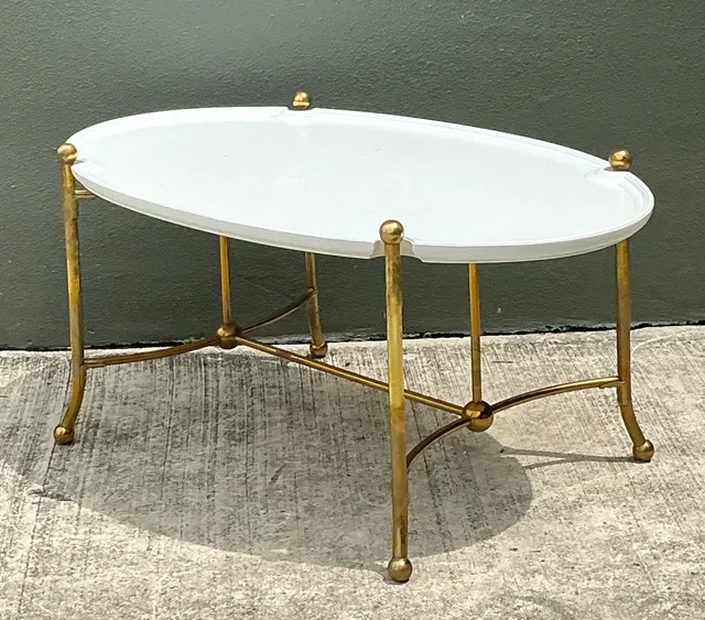 Vintage Brass and Wood Oval Coffee Table — additional photo 6