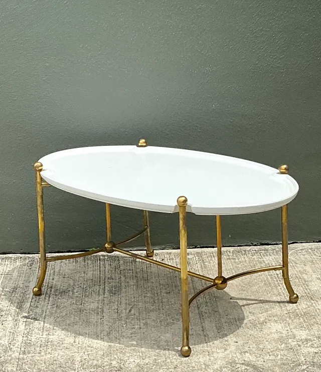 Vintage Brass and Wood Oval Coffee Table — additional photo 4