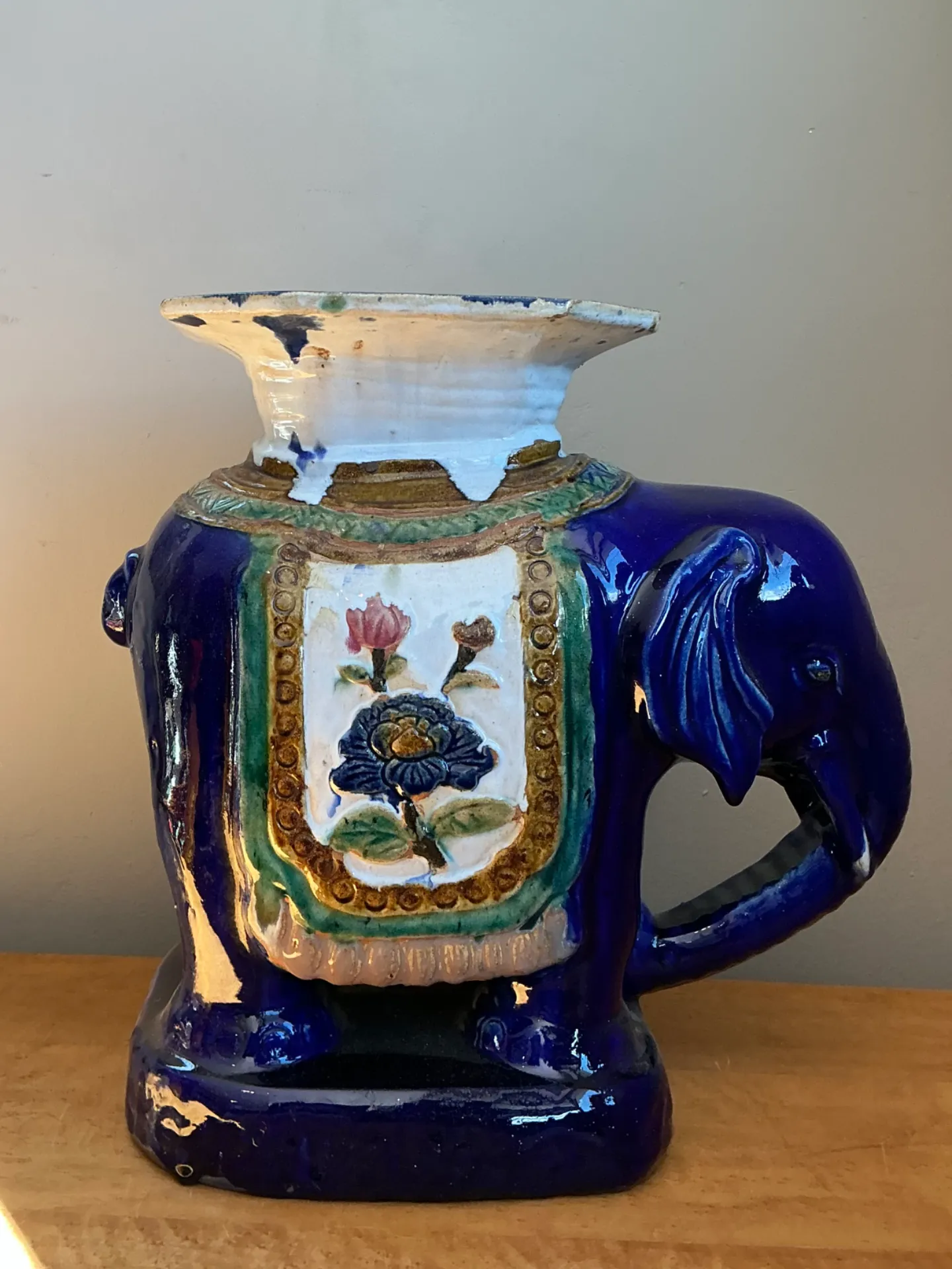 Vintage Painted Terracotta Elephant Low Stool — additional photo 3