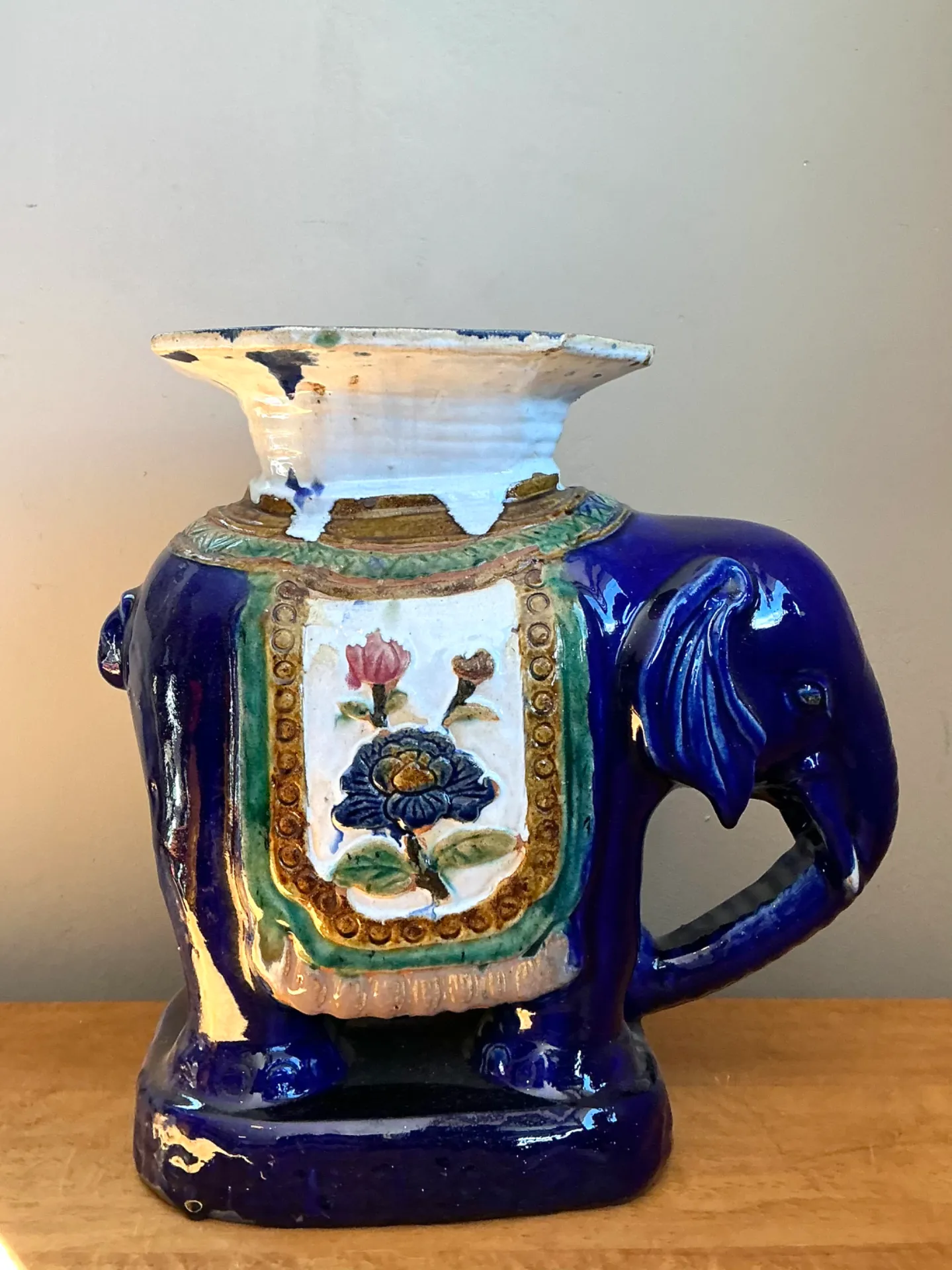 Vintage Painted Terracotta Elephant Low Stool — additional photo 1