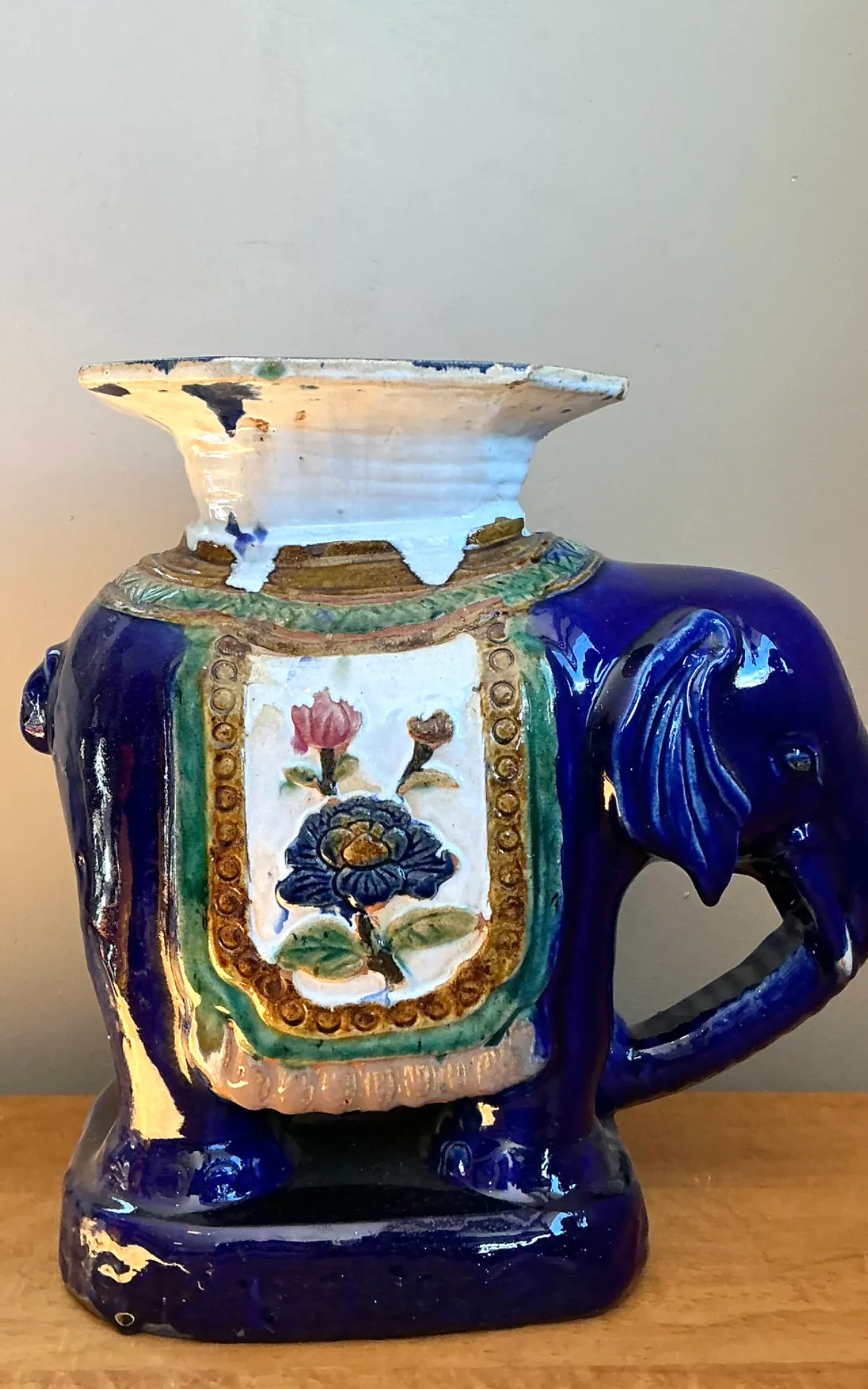 Vintage Painted Terracotta Elephant Low Stool — additional photo 1
