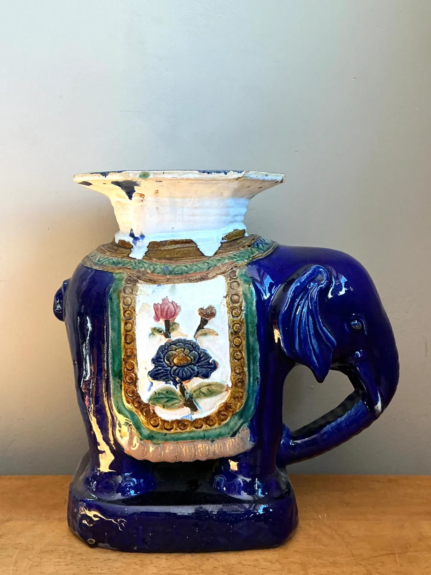 Vintage Painted Terracotta Elephant Low Stool — additional photo 6