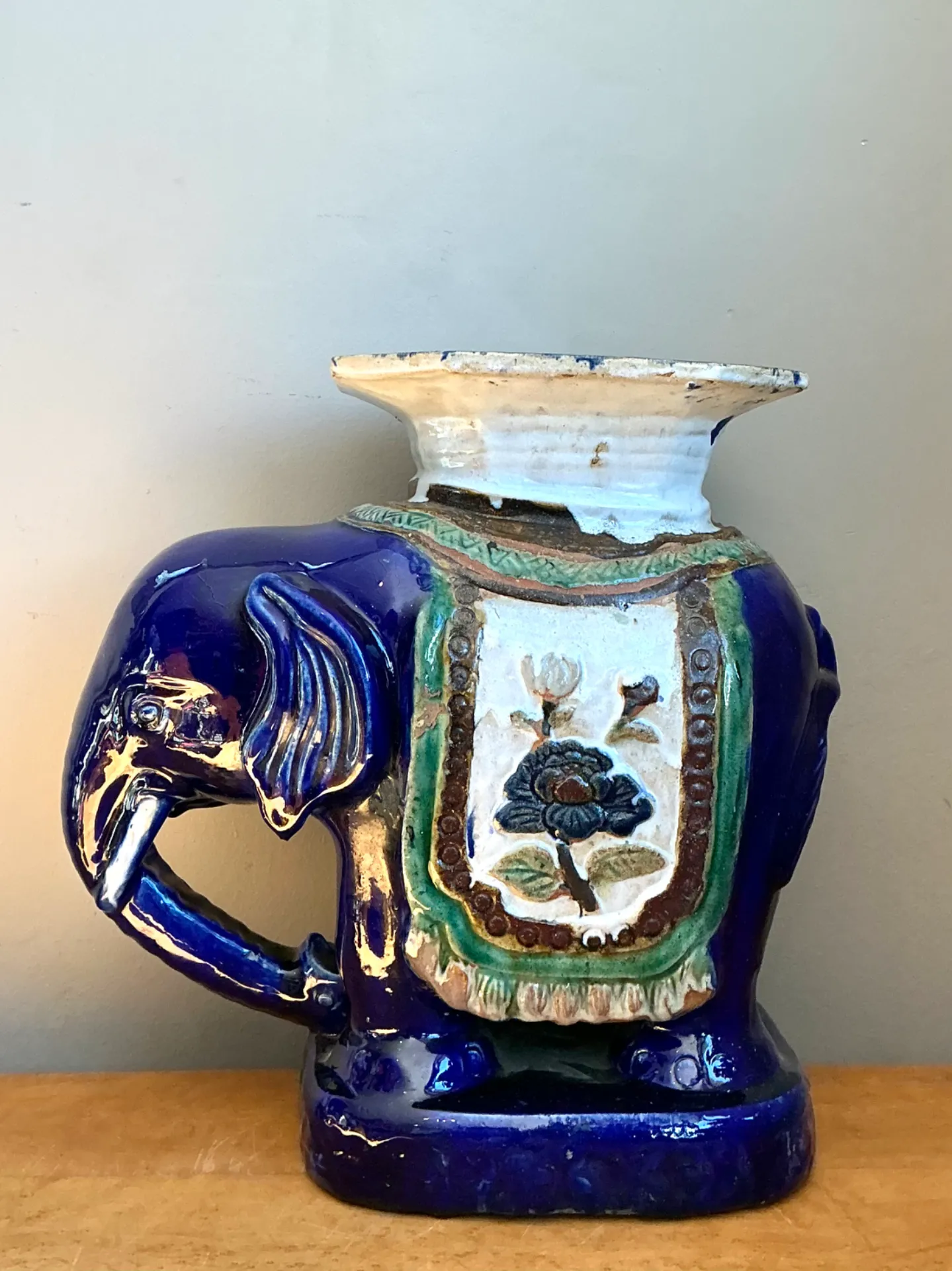 Vintage Painted Terracotta Elephant Low Stool — additional photo 2