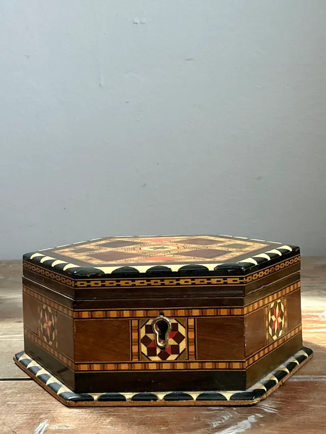 Vintage Inlaid Wood Hexagonal Box — additional photo 1