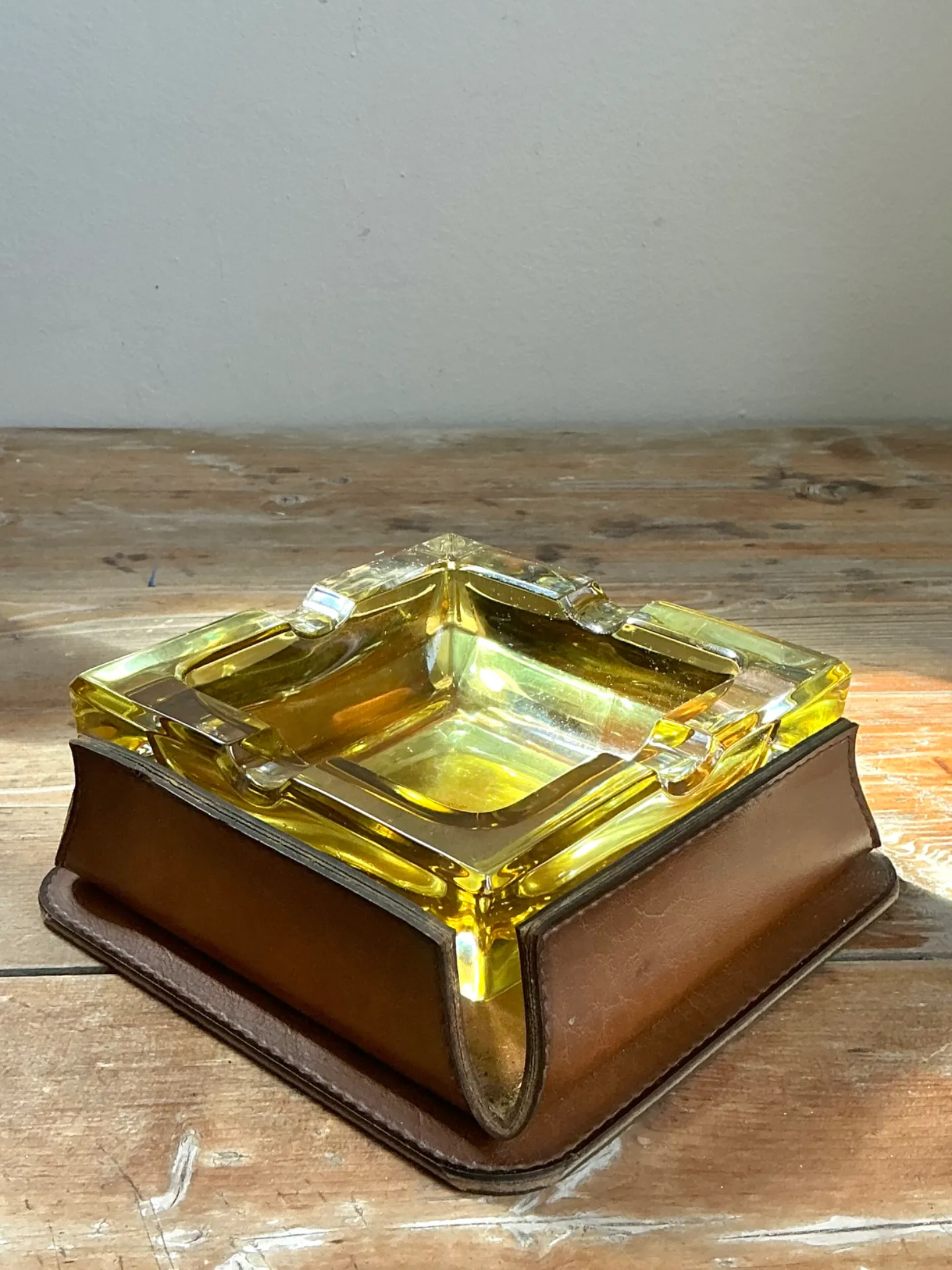 Mid-Century Modern Glass and Leather Ashtray — additional photo 3
