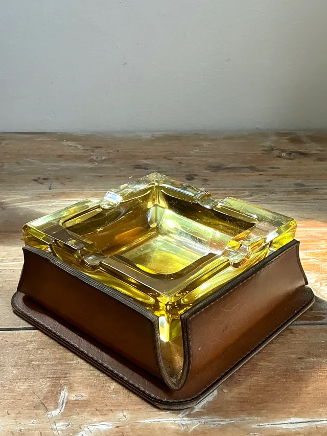 Mid-Century Modern Glass and Leather Ashtray — additional photo 1