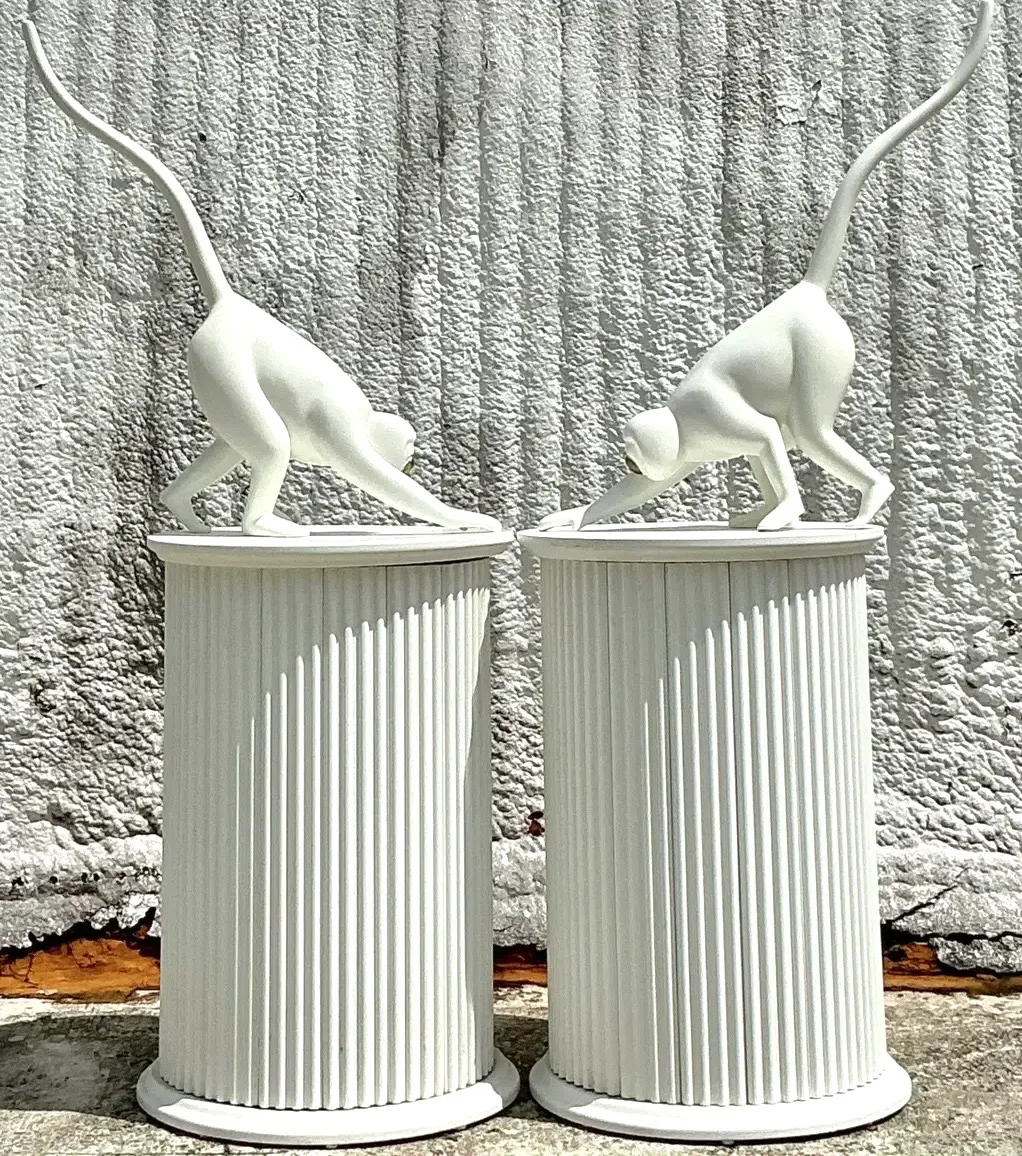 Vintage Boho Fluted Column Pedestals - a Pair - Oil Paint, 19.5W x 28.75H — additional photo 3