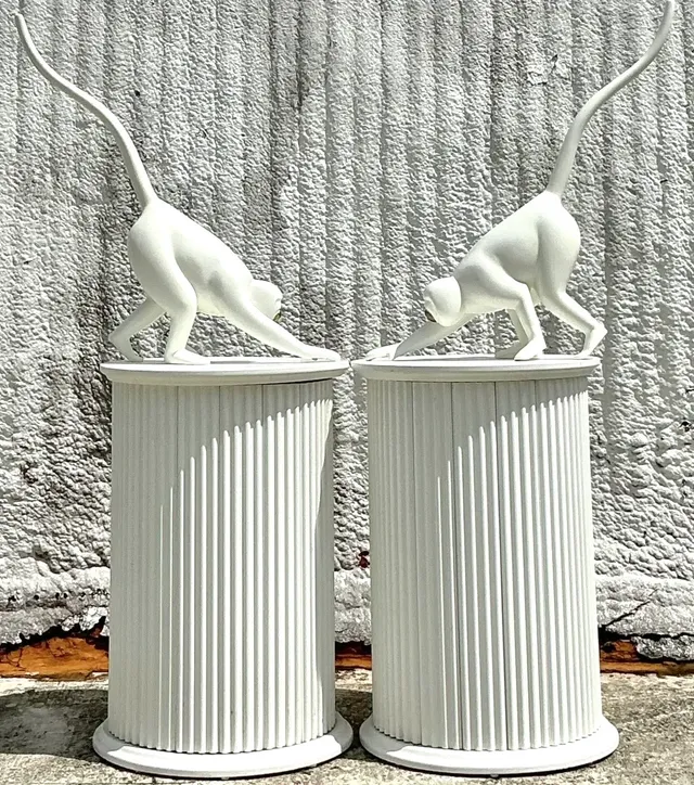Vintage Boho Fluted Column Pedestals - a Pair - Oil Paint, 19.5W x 28.75H — additional photo 3