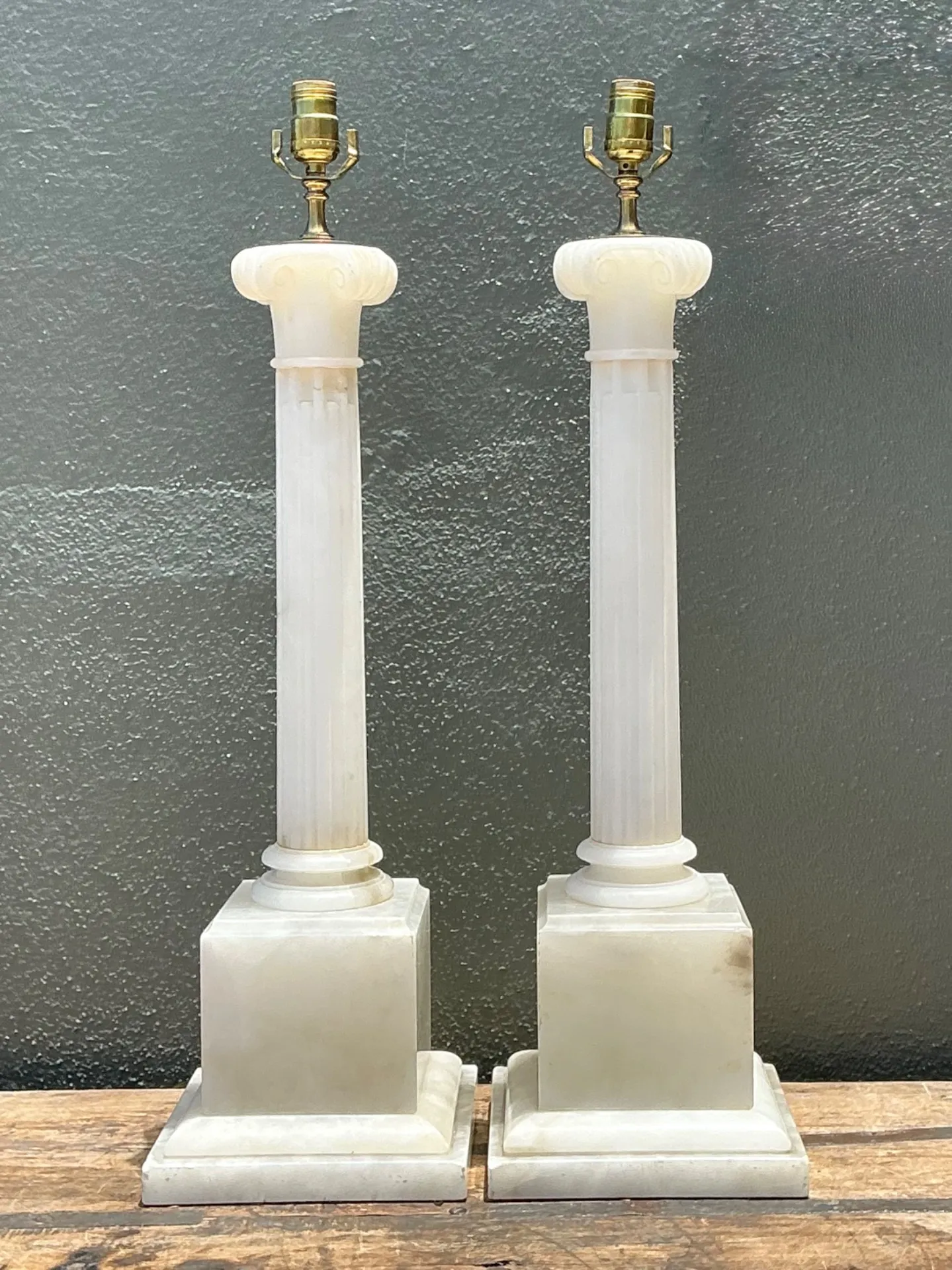 Vintage Alabaster Column Table Lamps - A Pair - Brass, 8.5W x 30H — additional photo 1