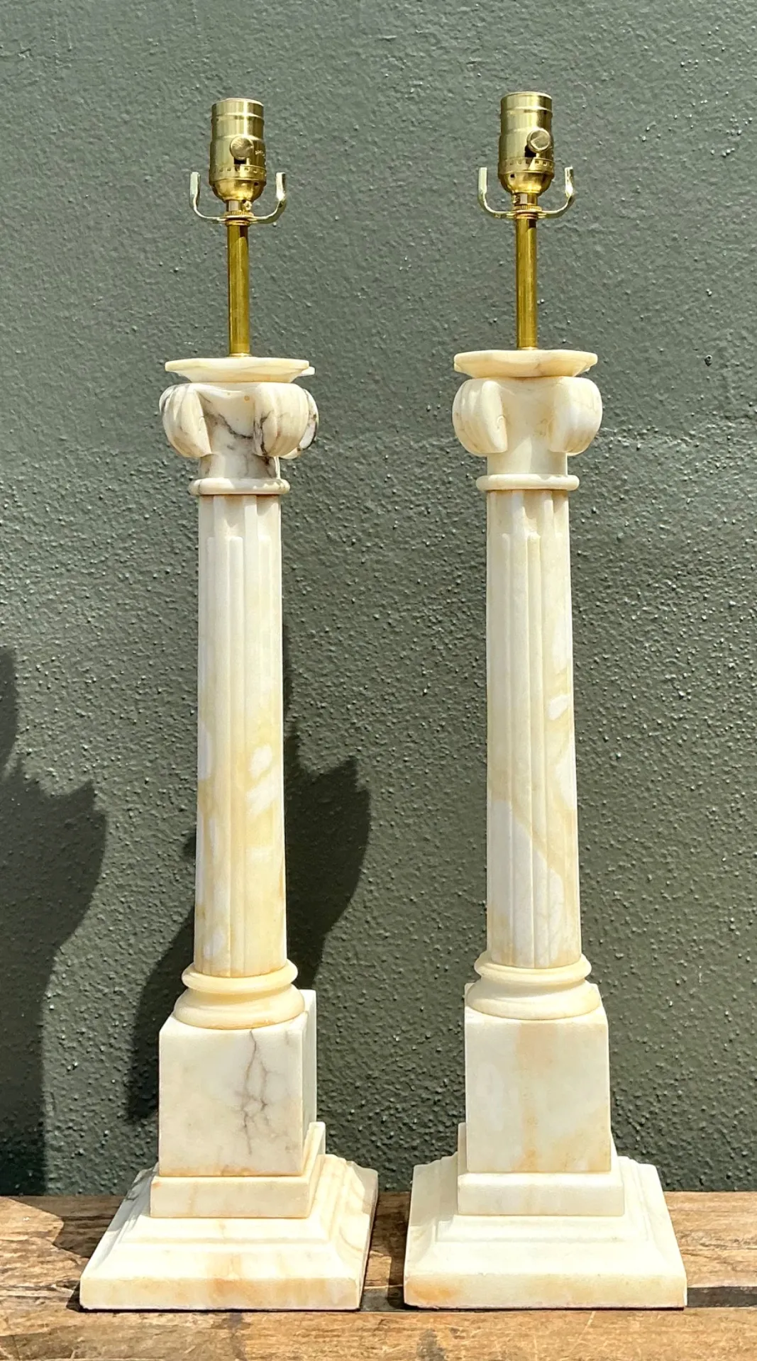Vintage Alabaster Column Table Lamps - A Pair - Stone, 6W x 26.5H — additional photo 2
