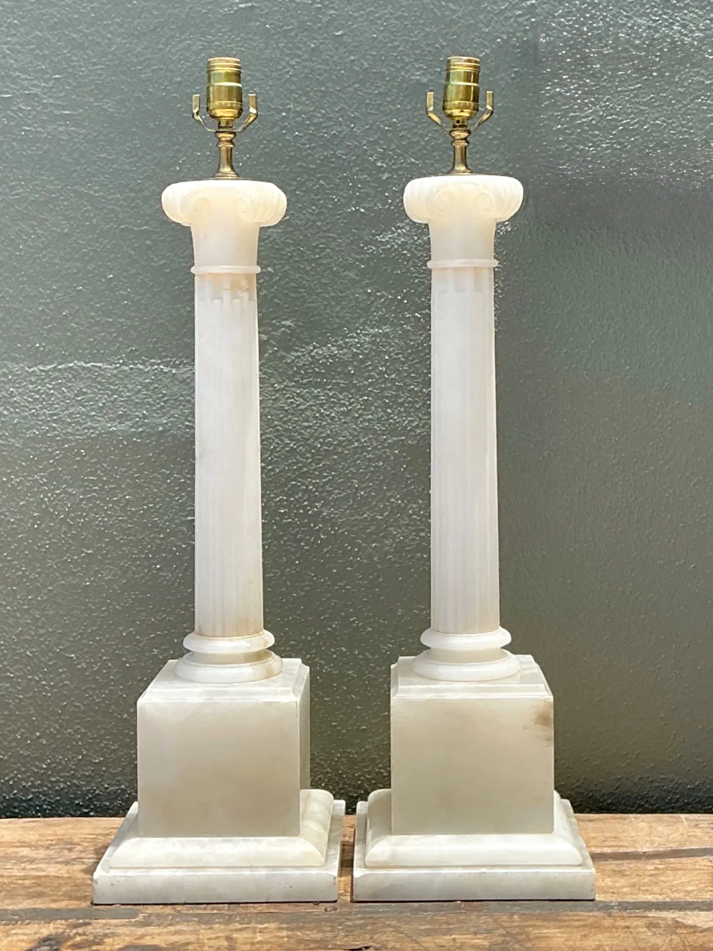 Vintage Alabaster Column Table Lamps - A Pair - Brass, 8.5W x 30H — additional photo 3