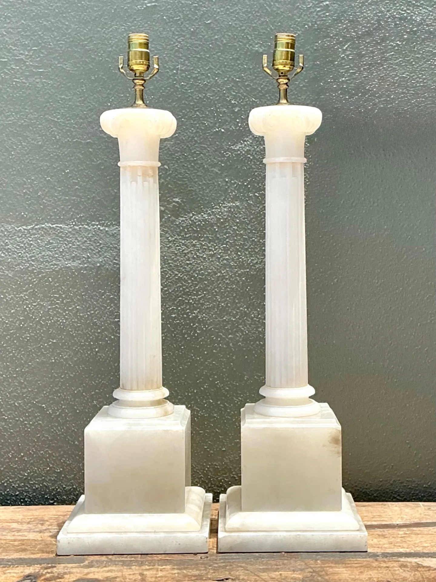 Vintage Alabaster Column Table Lamps - A Pair - Brass, 8.5W x 30H — additional photo 5