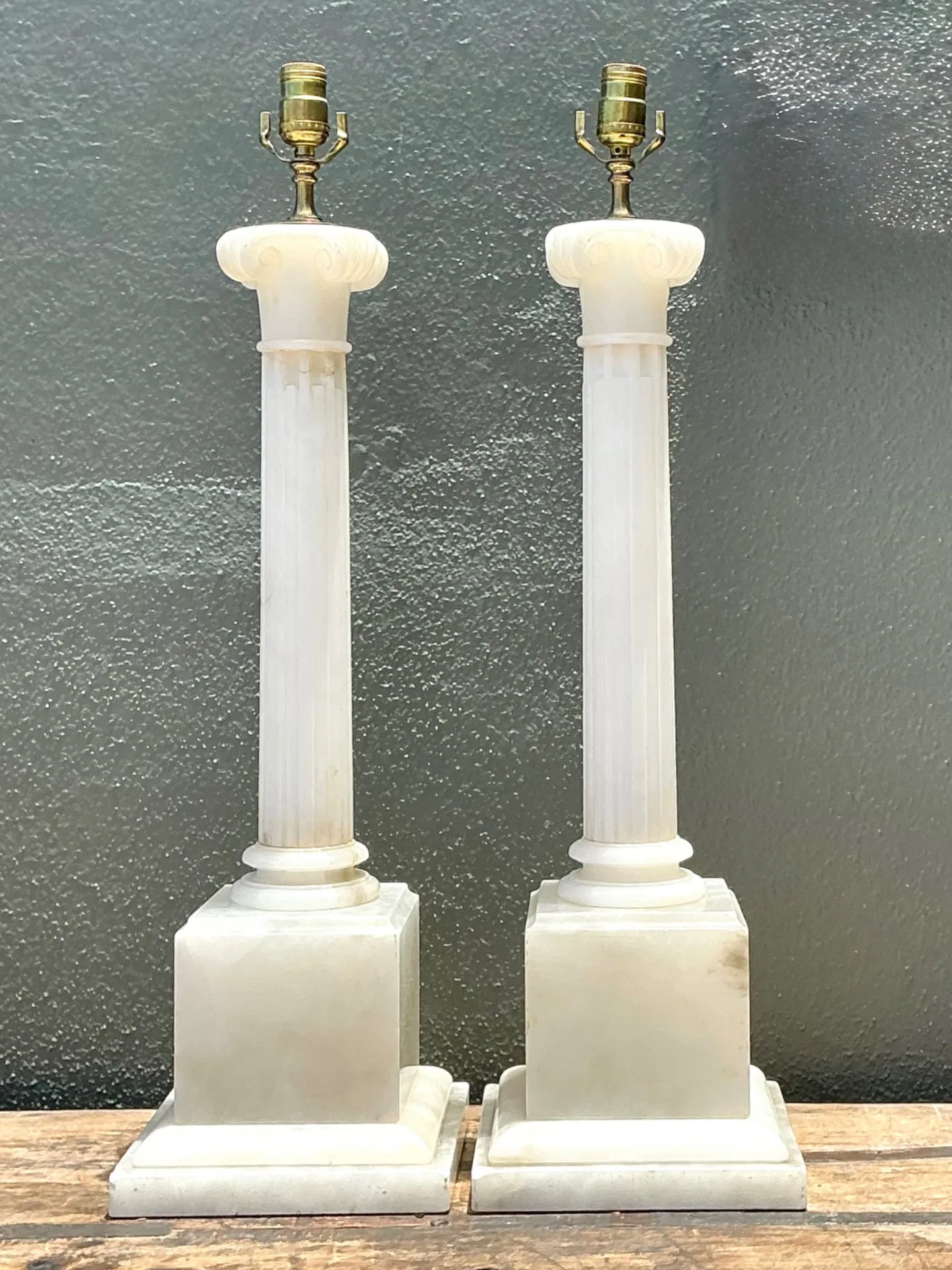 Vintage Alabaster Column Table Lamps - A Pair - Brass, 8.5W x 30H — additional photo 8