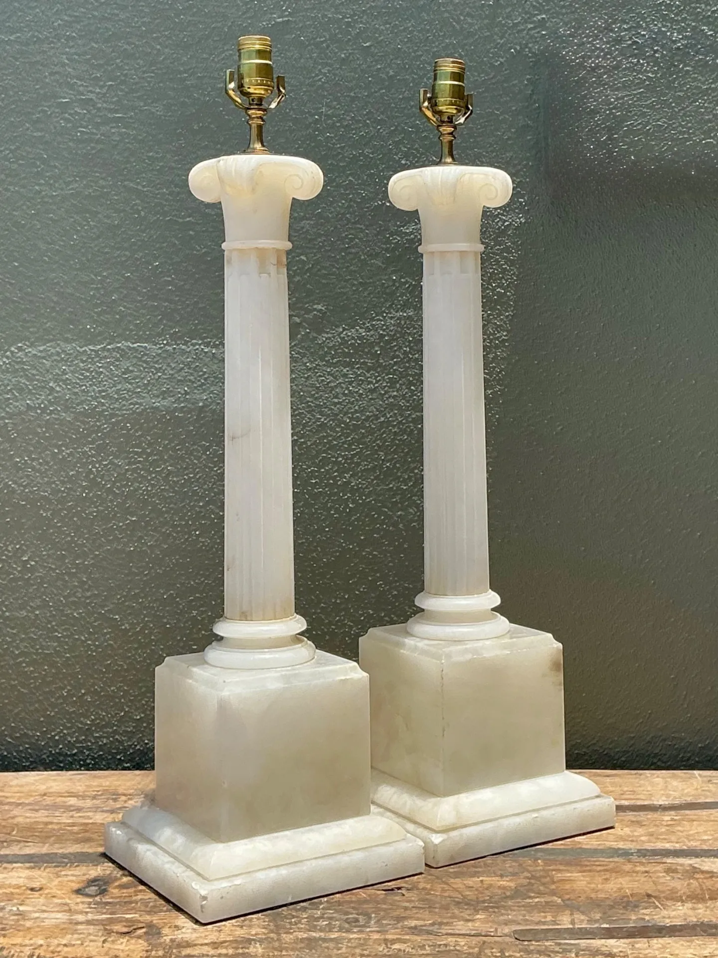 Vintage Alabaster Column Table Lamps - A Pair - Brass, 8.5W x 30H — additional photo 2