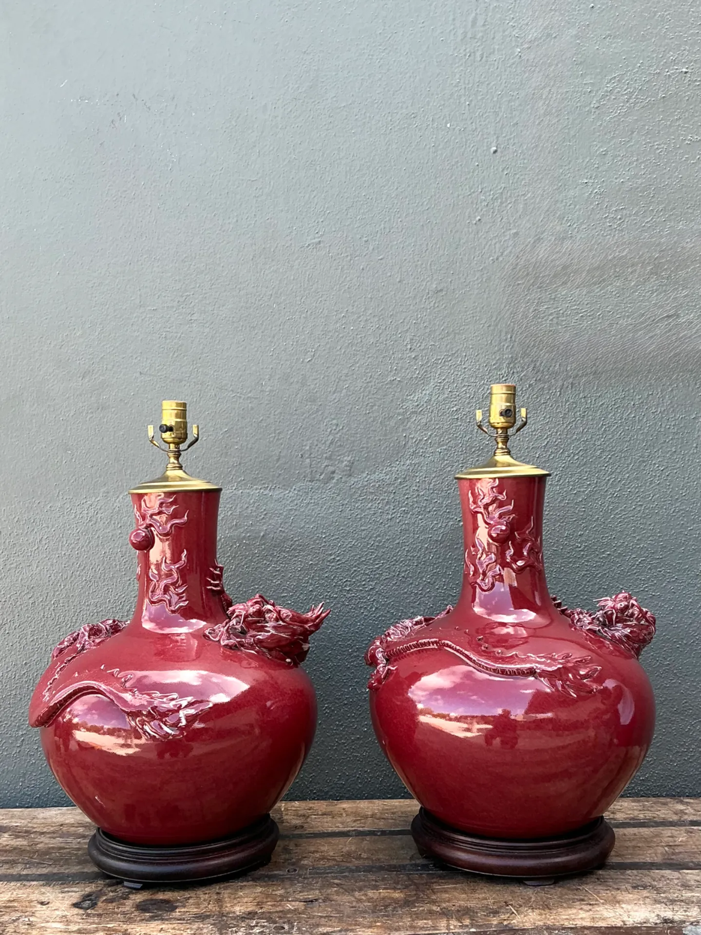 Vintage Red Ceramic Dragon Lamps - Pair — additional photo 5