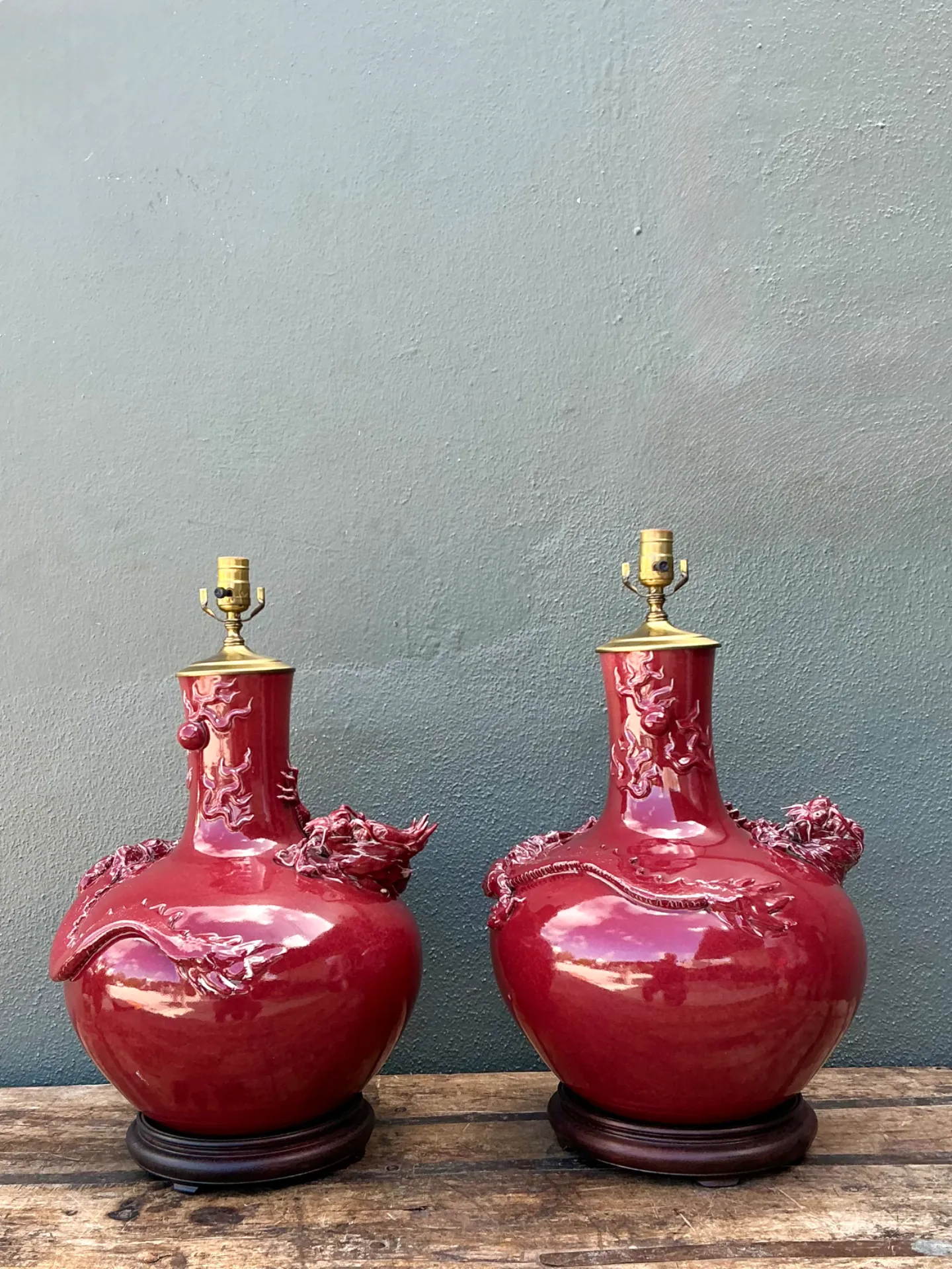 Vintage Red Ceramic Dragon Lamps - Pair — additional photo 2
