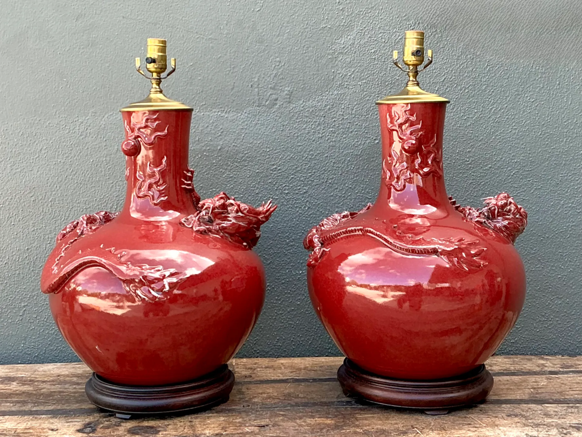 Vintage Red Ceramic Dragon Lamps - Pair — additional photo 7