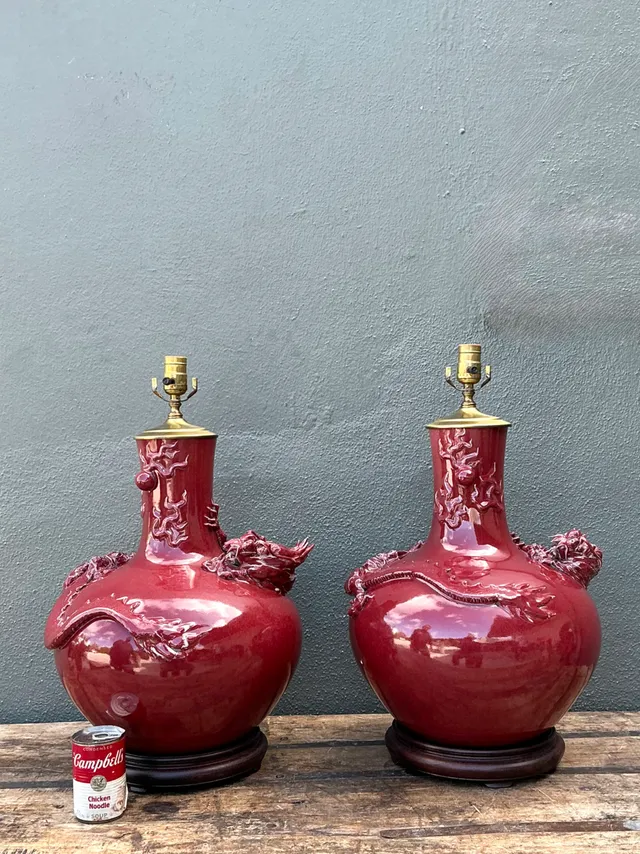 Vintage Red Ceramic Dragon Lamps - Pair — additional photo 4