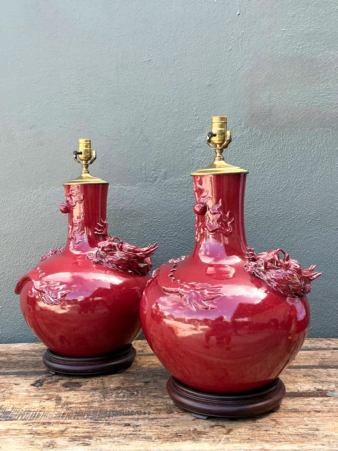 Vintage Red Ceramic Dragon Lamps - Pair — additional photo 3