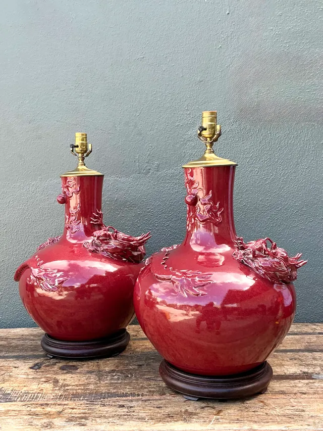 Vintage Red Ceramic Dragon Lamps - Pair — additional photo 3