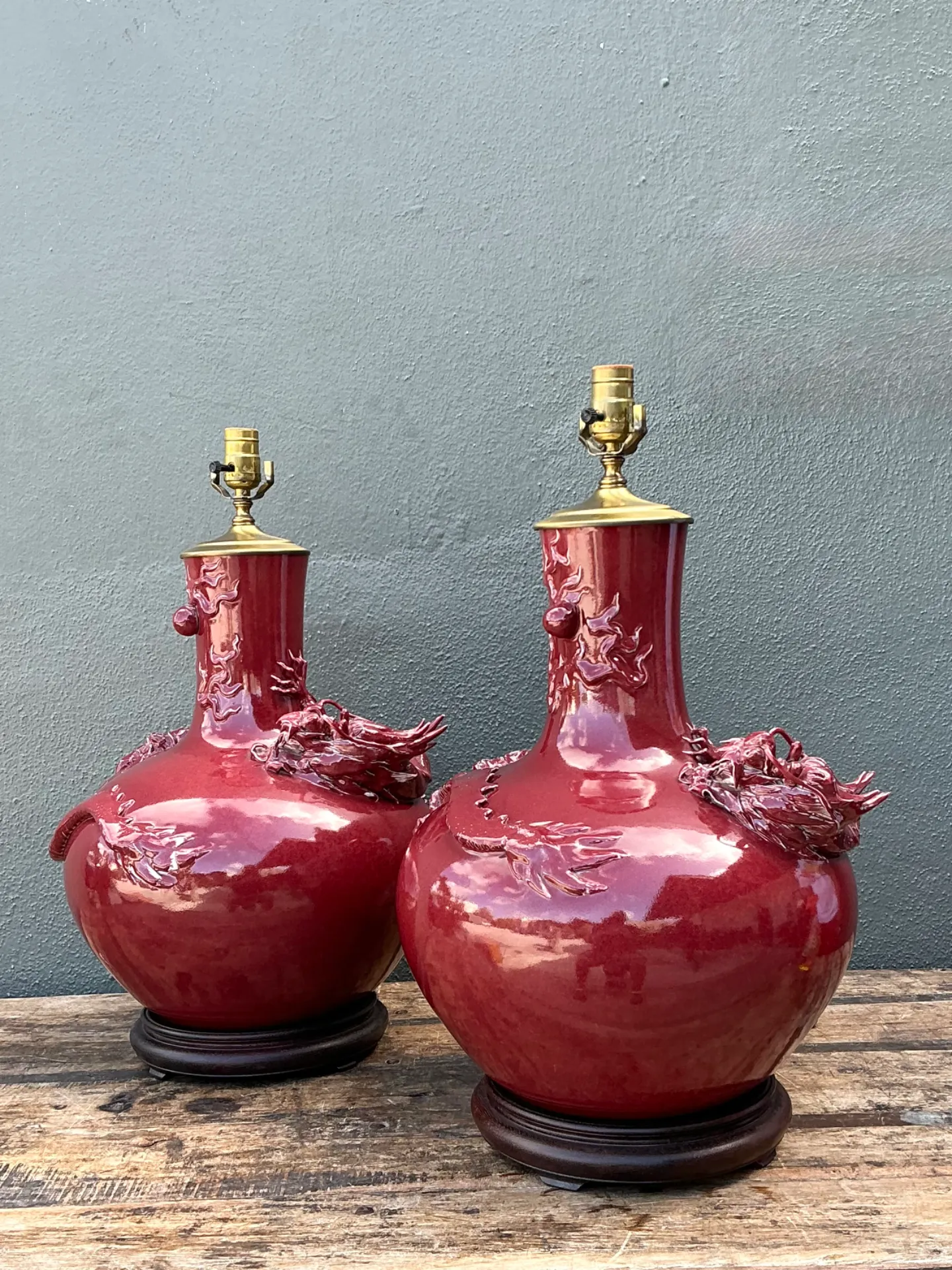 Vintage Red Ceramic Dragon Lamps - Pair — additional photo 1