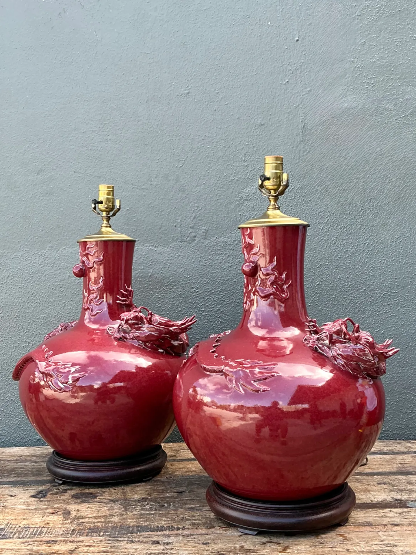 Vintage Red Ceramic Dragon Lamps - Pair — additional photo 8