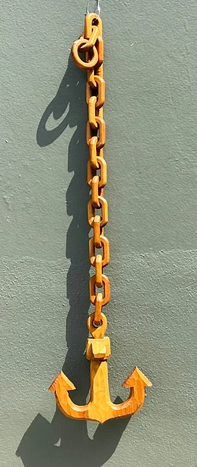 Vintage Hand Carved Wood Anchor with Chain — additional photo 2