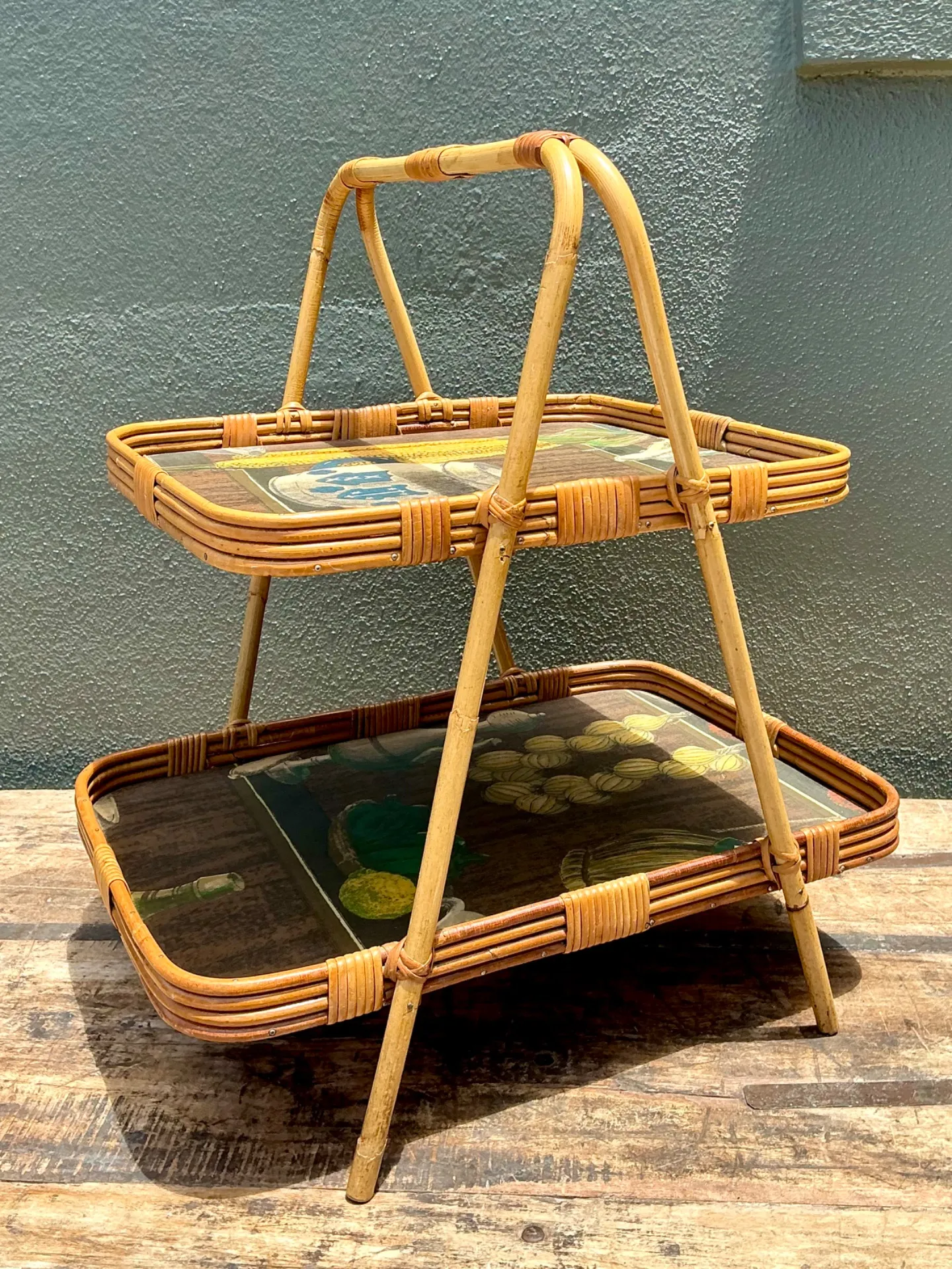 Vintage Rattan Two-Tiered Tray Stand — additional photo 3
