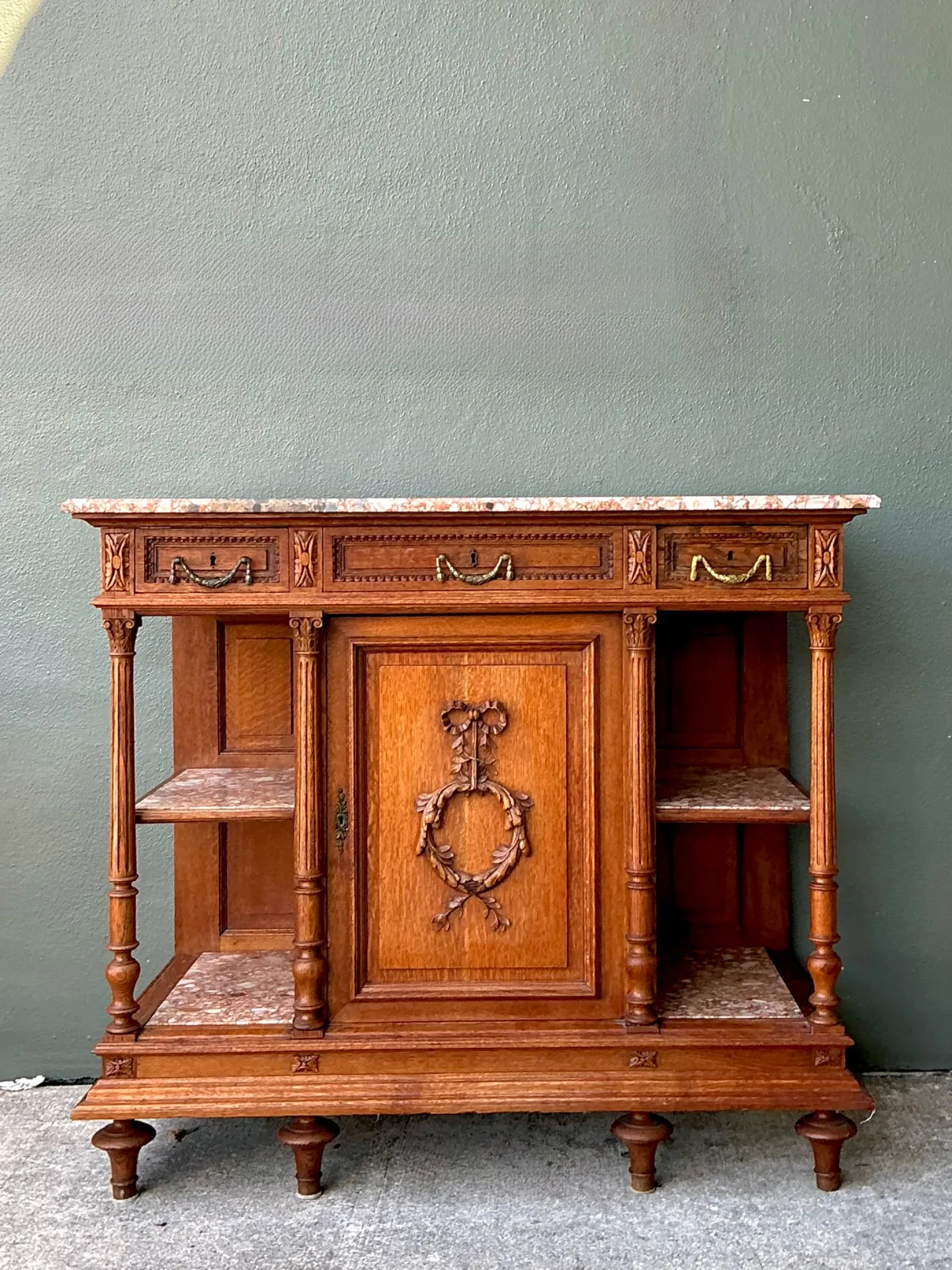 Vintage Marble Top Carved Wood Sideboard — additional photo 1