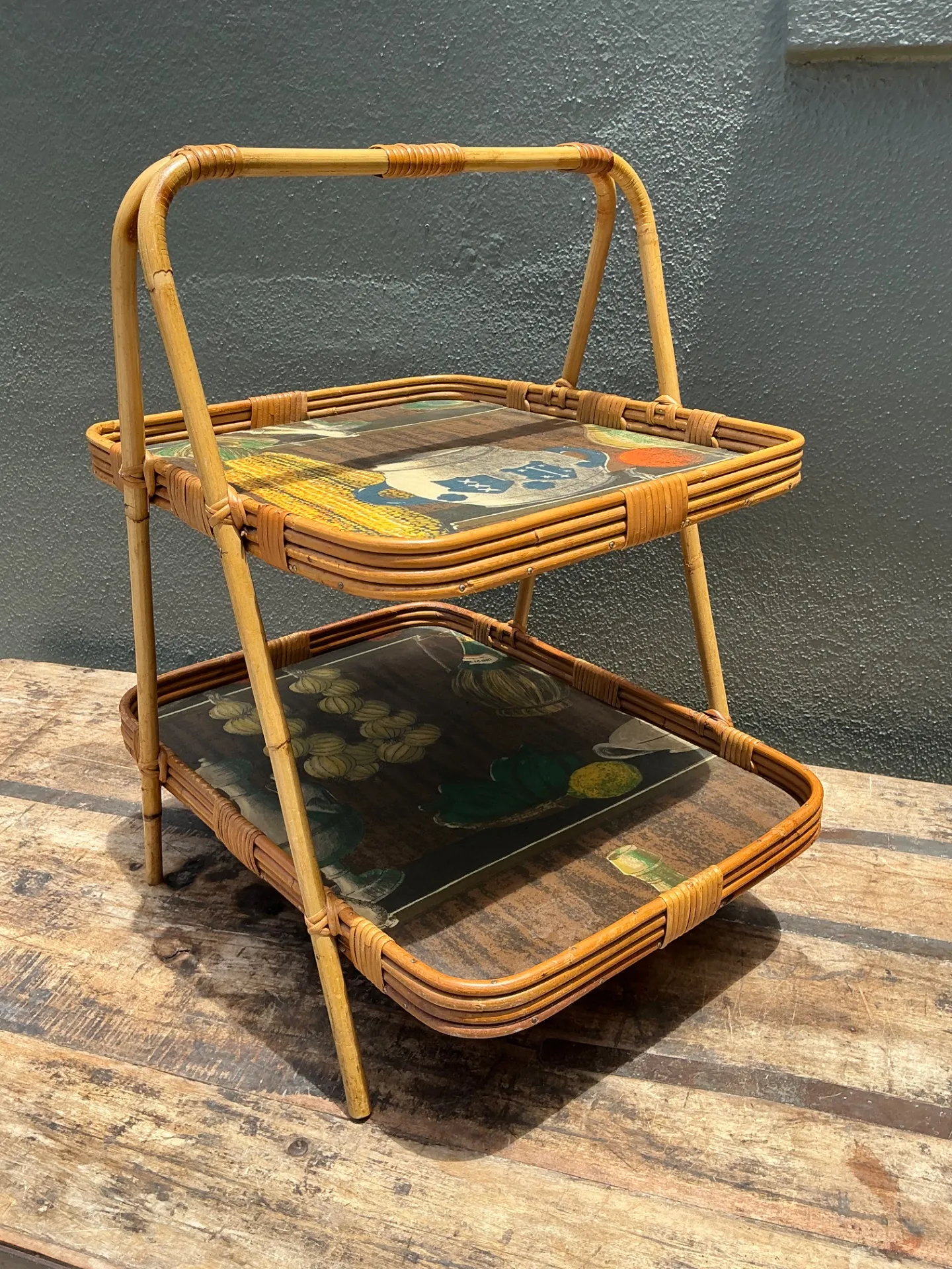 Vintage Rattan Two-Tiered Tray Stand — additional photo 2