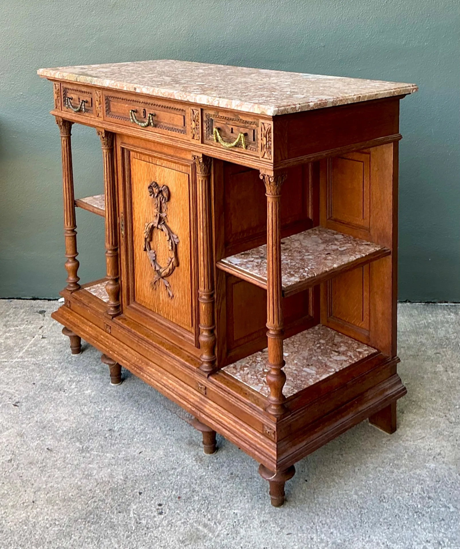 Vintage Marble Top Carved Wood Sideboard — additional photo 4
