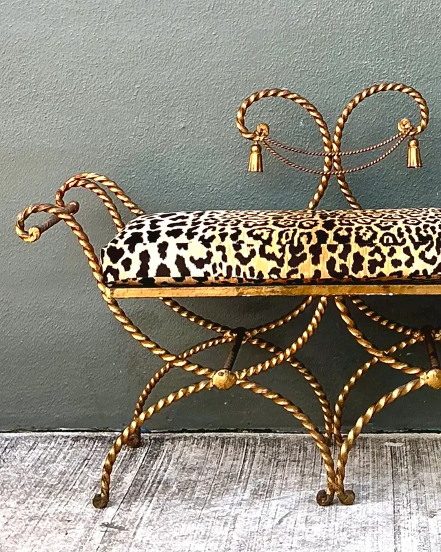 Vintage Twisted Metal Leopard Print Swag Bench — additional photo 2