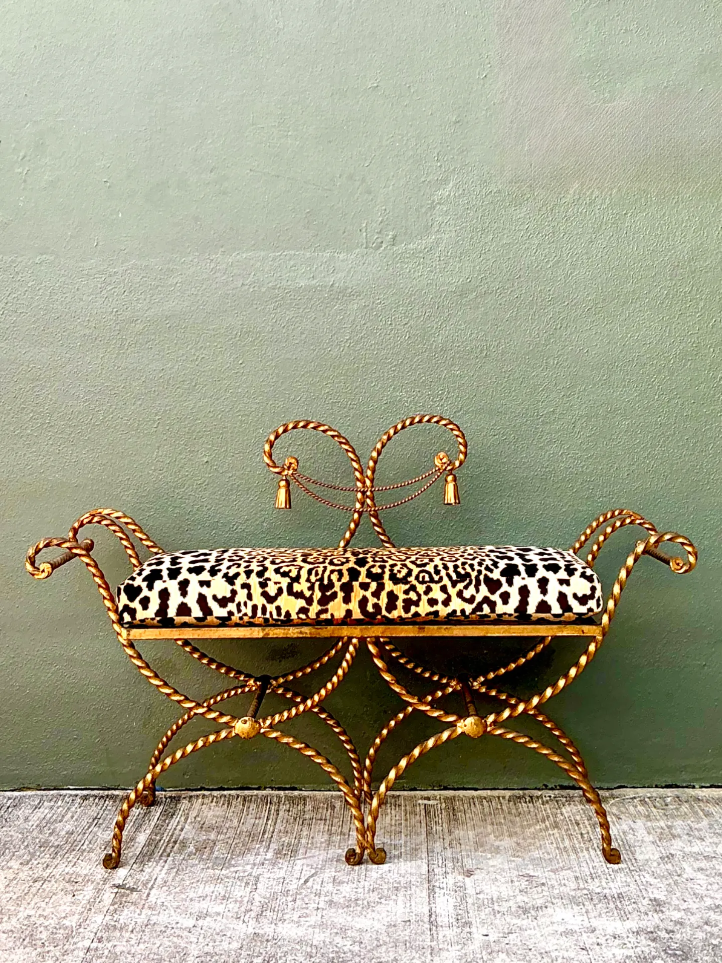 Vintage Twisted Metal Leopard Print Swag Bench — additional photo 5