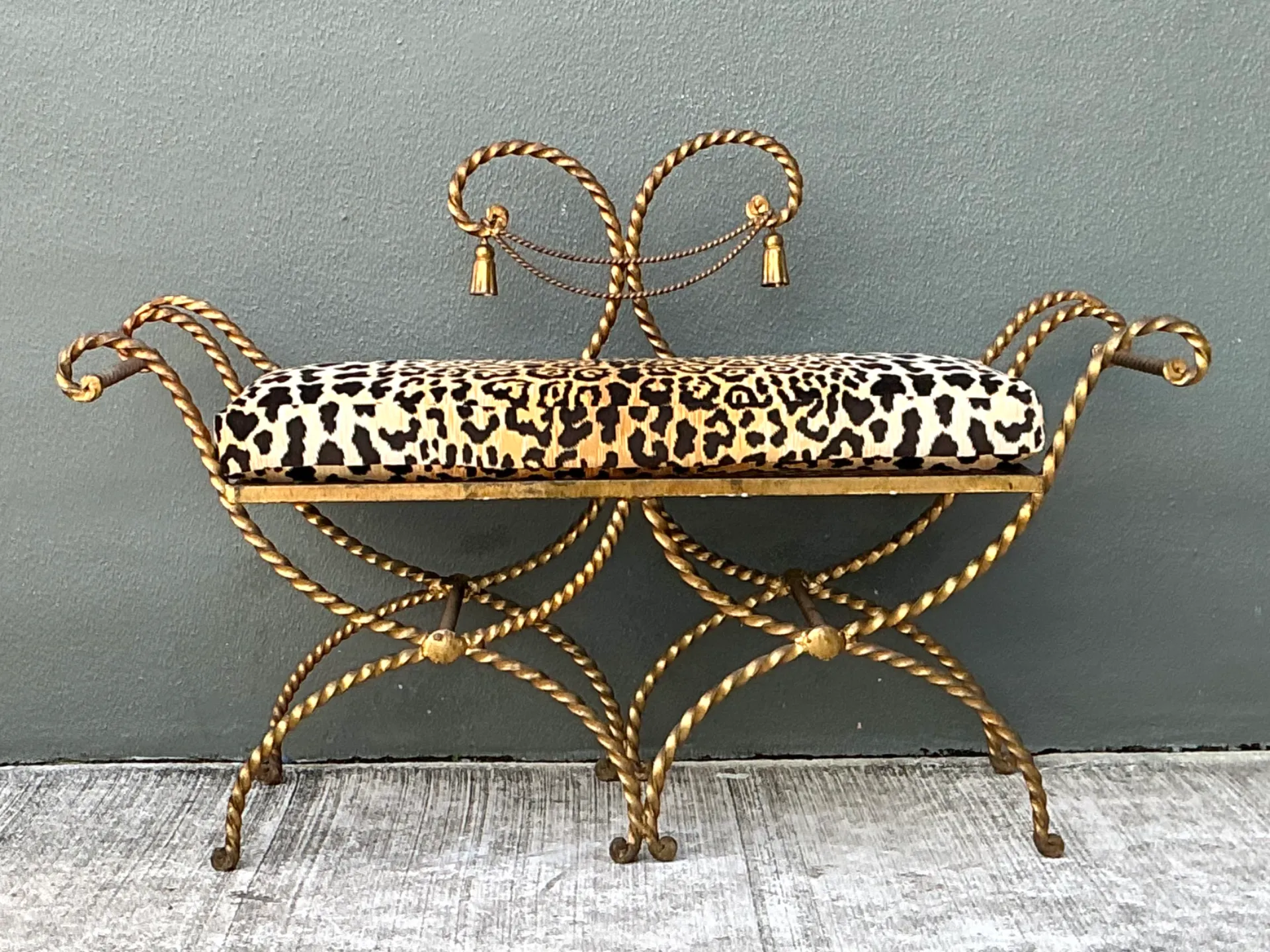 Vintage Twisted Metal Leopard Print Swag Bench — additional photo 6