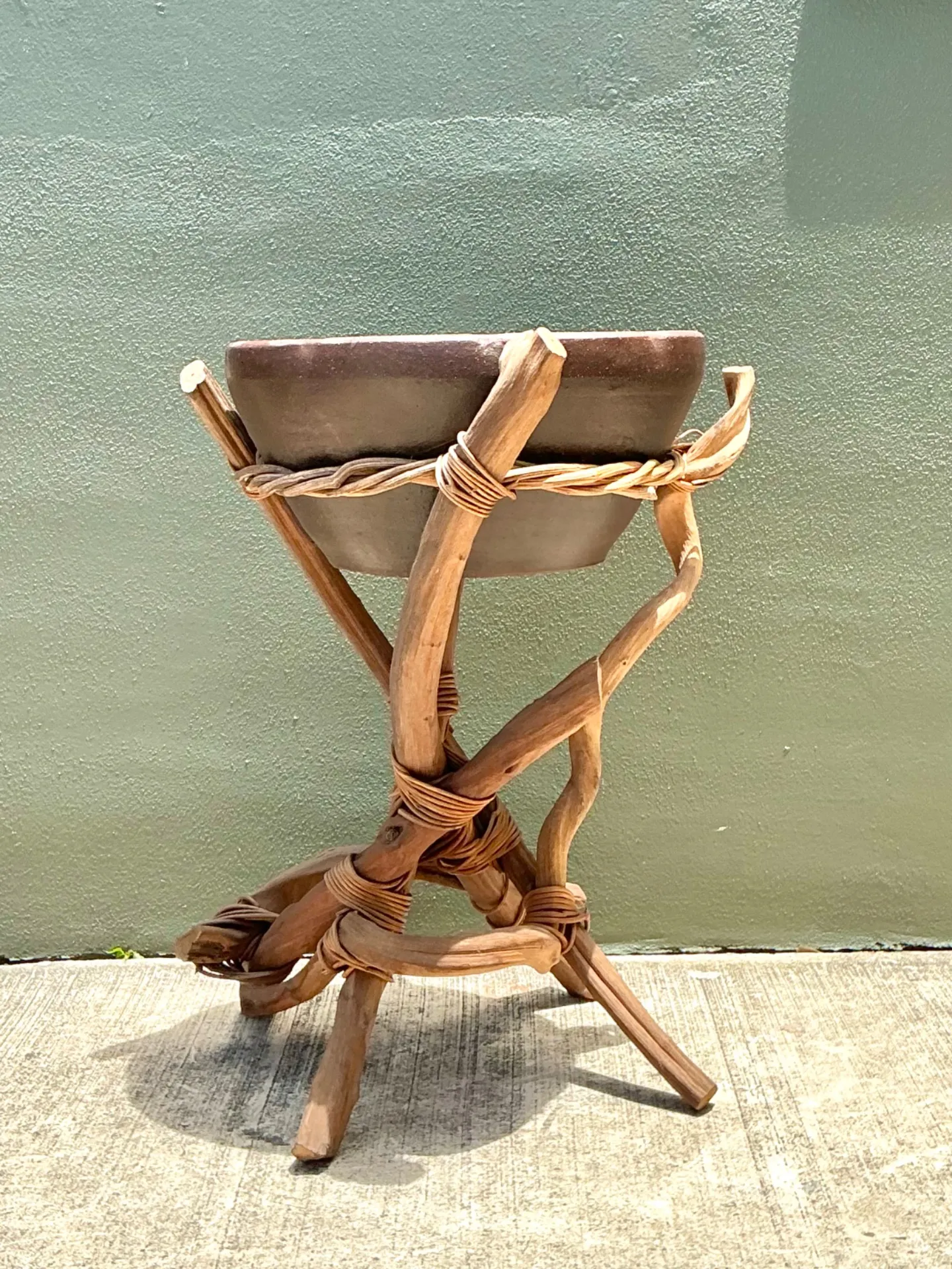 Vintage Twisted Wood and Pottery Plant Stand — additional photo 3