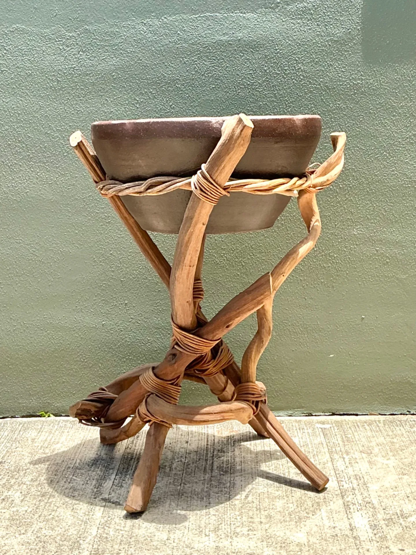 Vintage Twisted Wood and Pottery Plant Stand — additional photo 2