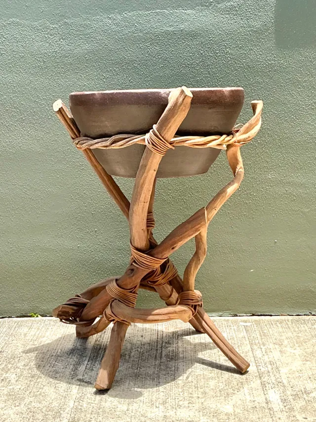 Vintage Twisted Wood and Pottery Plant Stand — additional photo 2