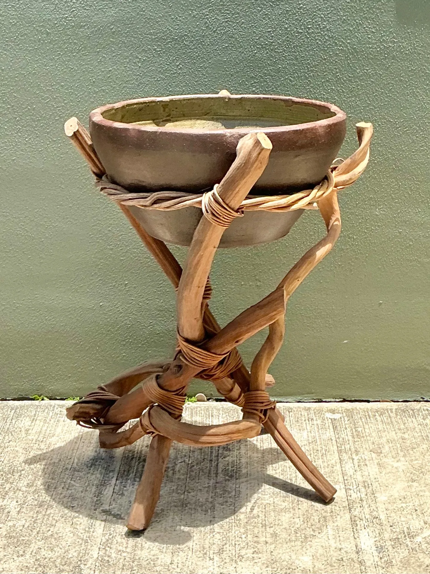 Vintage Twisted Wood and Pottery Plant Stand — additional photo 4