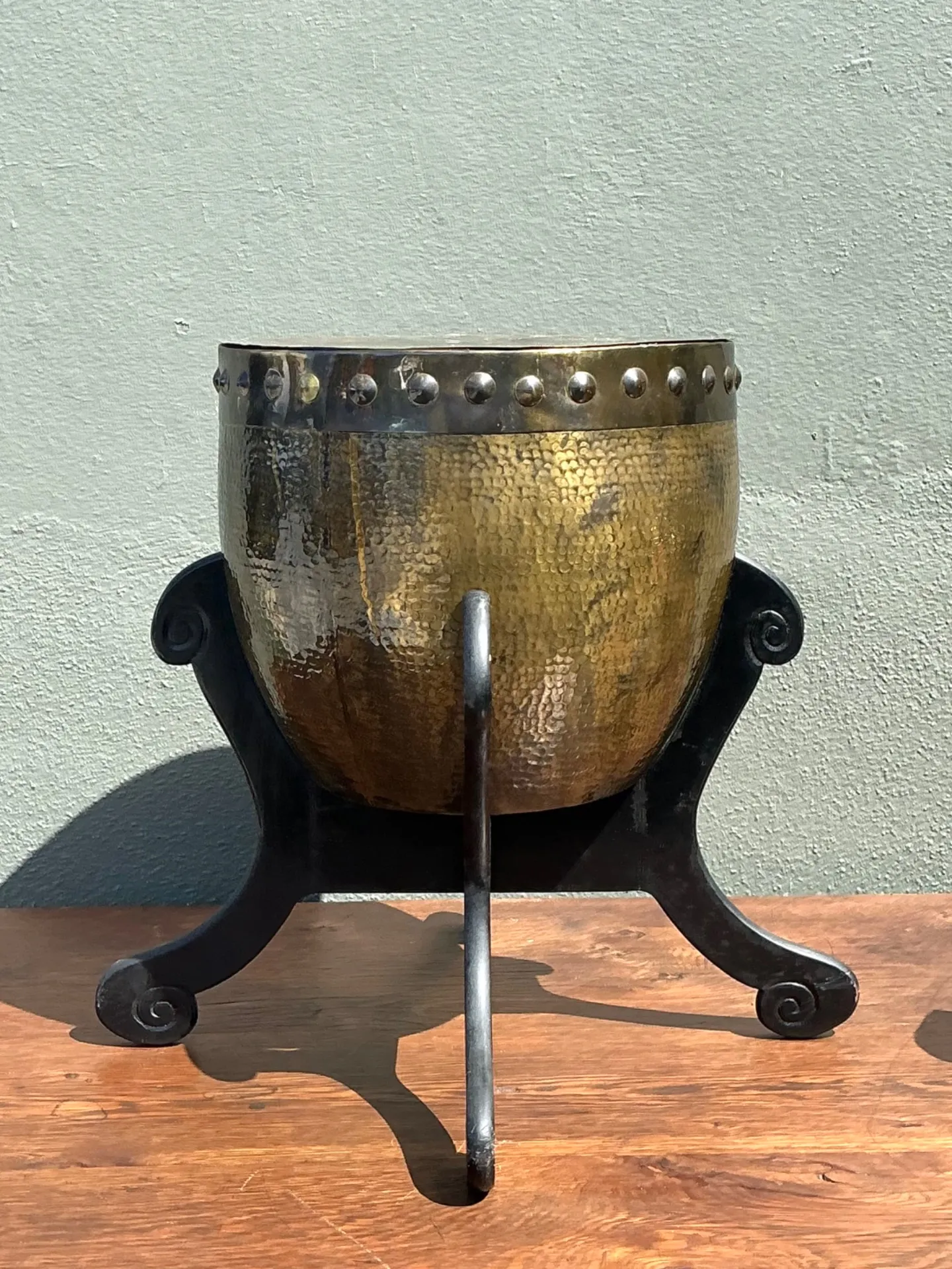 Vintage Hammered Brass Drum Table — additional photo 1