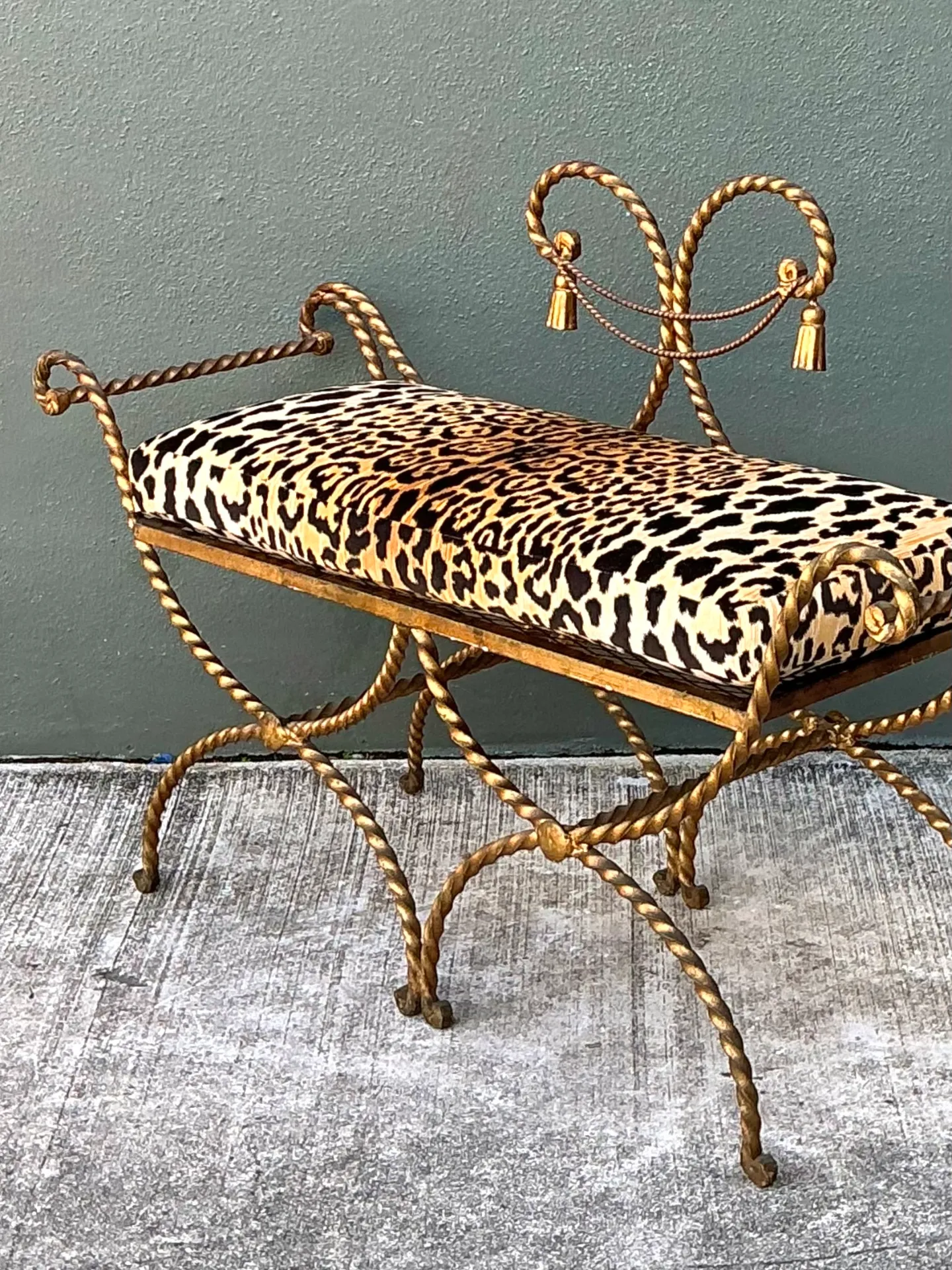 Vintage Twisted Metal Leopard Print Swag Bench — additional photo 1