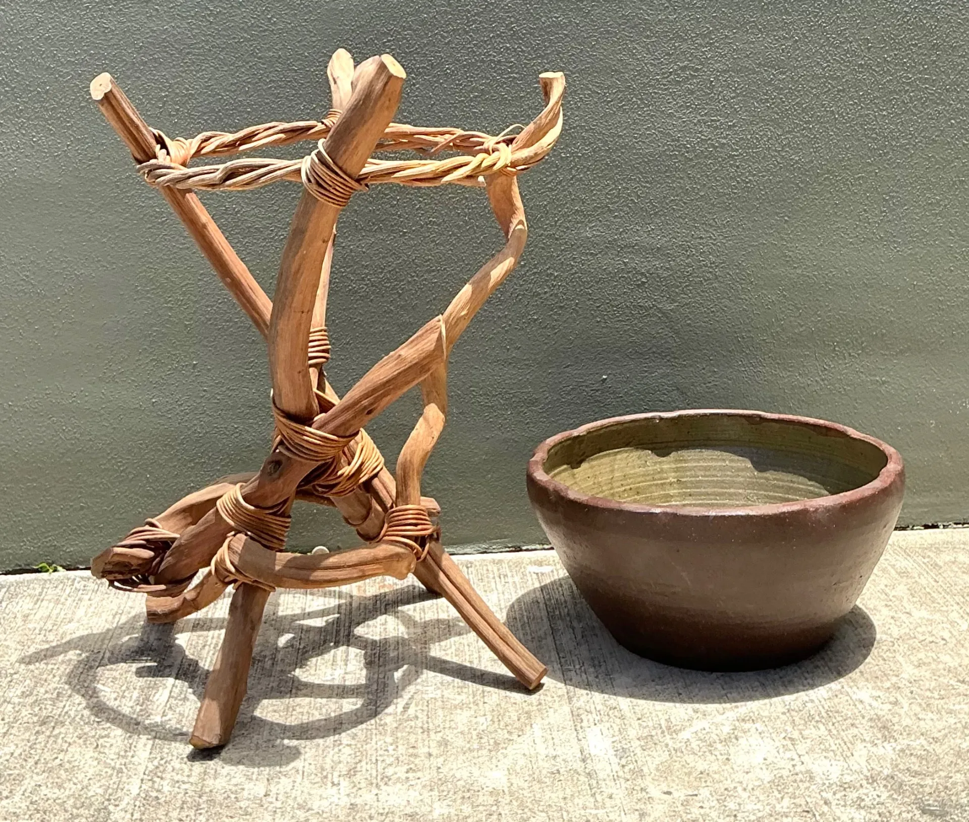 Vintage Twisted Wood and Pottery Plant Stand — additional photo 7
