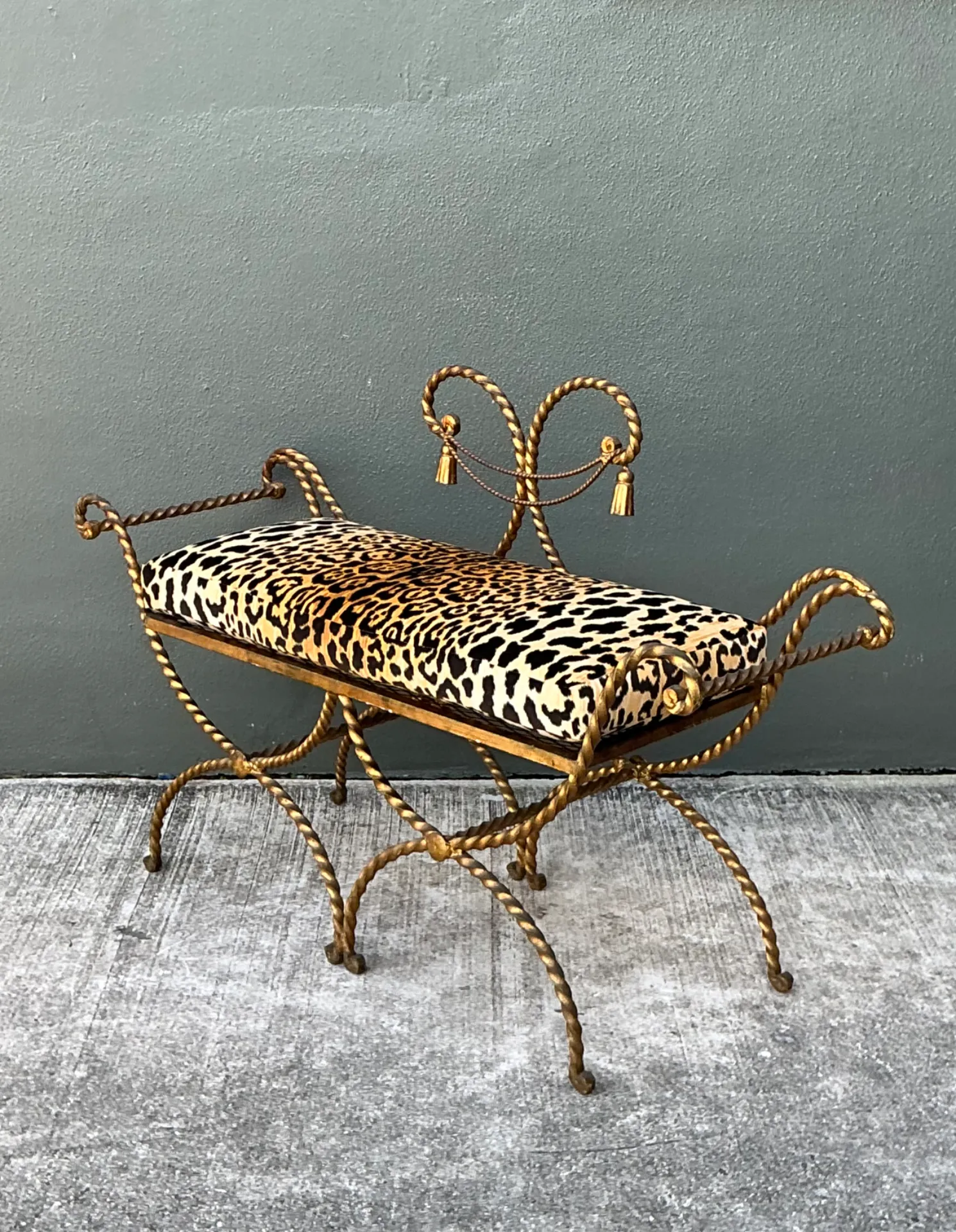Vintage Twisted Metal Leopard Print Swag Bench — additional photo 3